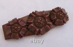 VTG Bakelite Deep Heavy Carved Flower Dimensional Chocolate Brown Bar Pin Brooch