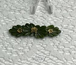 VTG Bakelite Green Four Leaf Clover Figural with Brass long Bar Pin Brooch