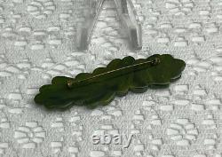 VTG Bakelite Green Four Leaf Clover Figural with Brass long Bar Pin Brooch