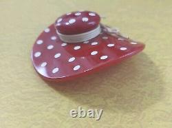 VTG Bakelite Large Dimensional Hat Red & White Polka Dot Brooch Pin 3