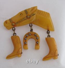 VTG Bakelite Light Butterscoth Racing Horse Head withBoots&Shoe Dangles Pin Brooch