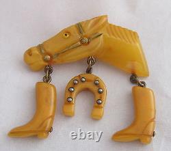 VTG Bakelite Light Butterscoth Racing Horse Head withBoots&Shoe Dangles Pin Brooch