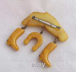 VTG Bakelite Light Butterscoth Racing Horse Head withBoots&Shoe Dangles Pin Brooch