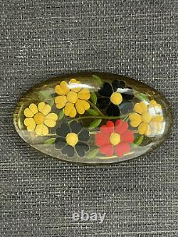 VTG Bakelite Pin Brooch Reverse Carved Flowers / Apple Juice / Book Piece