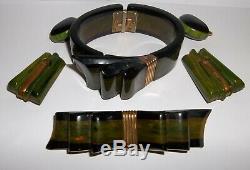 VTG Bakelite Ribbon Hinged Bracelet, Brooch Pin, dress scarf clips, earrings EUC