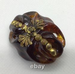 VTG Carved Tea Swirl Bakelite Brooch Metal Deco Accent Pin Chunky Estate Tested