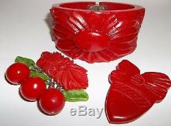 VTG Cherry Red Carved Bracelet Lucite & Bakelite -Brooch Pin Dress Scarf Clip
