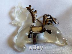 VTG Clear Lucite Jelly Belly Horse Pony w Sterling Silver Mane Tail Saddle Pin