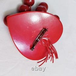 VTG Large RED BAKELITE HEART Brooch Pin DANGLING CHERRIES Big 3 1940s