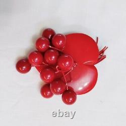 VTG Large RED BAKELITE HEART Brooch Pin DANGLING CHERRIES Big 3 1940s