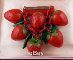 VTG Rare Red Bakelite Six Strawberries Strawberry Green Leaves Dangle Pin Brooch