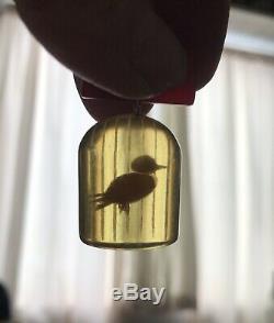 Very Unique, Vintage Bakelite Reverse Carved Bird In Cage Brooch/Pin