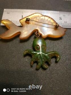 Very rare vintage bakelite fish pin brooch dangle octopus