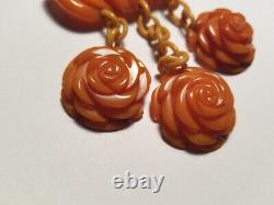 Vinage Heavily Carved BAKELITE Bar Pin Brooch With Dangling Flowers
