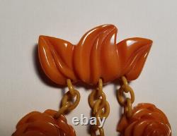 Vinage Heavily Carved BAKELITE Bar Pin Brooch With Dangling Flowers