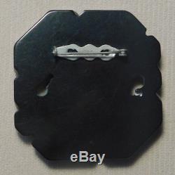 Vintage 1930's BAKELITE Carved Trough Black Floral Geometric Brooch Pin