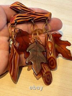 Vintage 1930's Resin Washed Rust BakeLite Oak Leaves & Logs Pin Brooch AS-IS