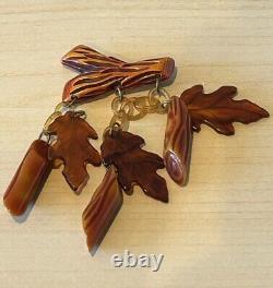 Vintage 1930's Resin Washed Rust BakeLite Oak Leaves & Logs Pin Brooch AS-IS