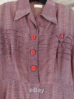 Vintage 1930s 1940s Red Gingham Cotton Midi Dress Bakelite Buttons Pin Tucks