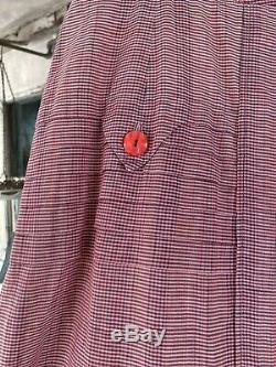 Vintage 1930s 1940s Red Gingham Cotton Midi Dress Bakelite Buttons Pin Tucks
