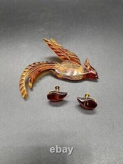 Vintage 1930s Apple Juice Amber Bakelite Phoenix bird Brooch Pin and Earrings
