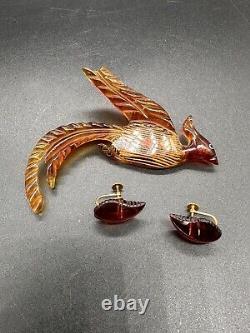 Vintage 1930s Apple Juice Amber Bakelite Phoenix bird Brooch Pin and Earrings