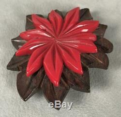 Vintage 1930s Art Deco Depression Wood Bakelite Poinsettia Red Flower Brooch Pin