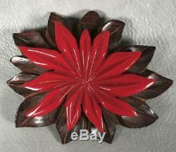 Vintage 1930s Art Deco Depression Wood Bakelite Poinsettia Red Flower Brooch Pin