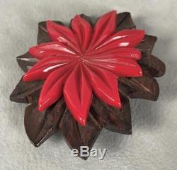 Vintage 1930s Art Deco Depression Wood Bakelite Pointsetta Red Flower Brooch Pin