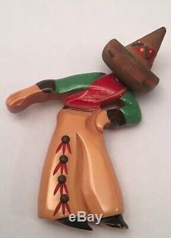 Vintage 1930s Bakelite Mexican Cowboy Brooch Pin Art Deco Carved Red Yellow