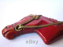 Vintage 1930s Cherry Red Bakelite Collectible Horse Head Pin Brooch Glass Eye