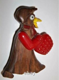 Vintage 1930s Red Bakelite Articulated Carved Wood Goose Duck Chicken Brooch Pin