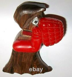 Vintage 1930s Red Bakelite Articulated Carved Wood Goose Duck Chicken Brooch Pin