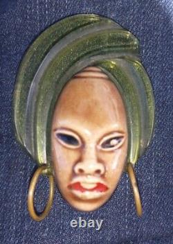 Vintage 1940's Apple Juice Bakelite Green Ceramic African Queen Face Brooch Pin