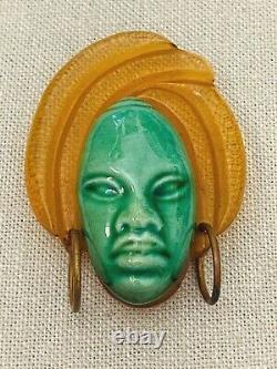 Vintage 1940's Apple Juice Bakelite Green Ceramic African Queen Face Brooch Pin