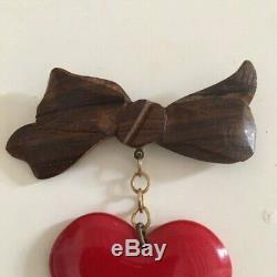 Vintage 1940's Bakelite Wood WW2 Red Heart Pin Brooch