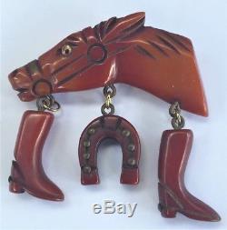 Vintage 1940's Carved Bakelite Horse Head Boots Horse Shoe Brooch Pin Glass Eye