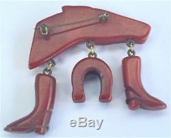 Vintage 1940's Carved Bakelite Horse Head Boots Horse Shoe Brooch Pin Glass Eye