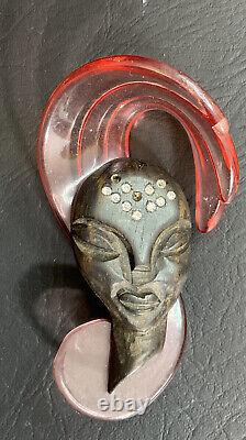 Vintage 1940's Huge Lucite Nubian Face Brooch Bakelite Era Pin Elzac Head Pin 4