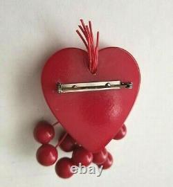 Vintage 1940's Red Bakelite Heart Brooch Pin With Dangling Cherries
