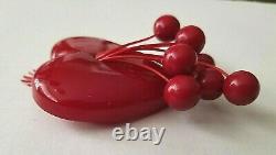 Vintage 1940's Red Bakelite Heart Brooch Pin With Dangling Cherries