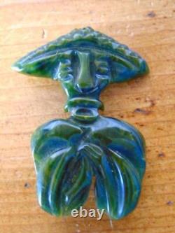 Vintage 1940s BAKELITE Spinach Green Modernist ASIAN MAN Figural PIN