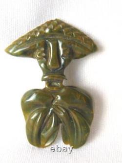 Vintage 1940s BAKELITE Spinach Green Modernist ASIAN MAN Figural PIN