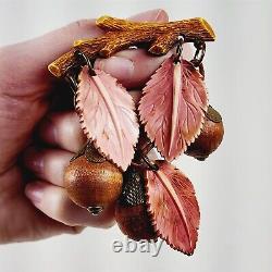 Vintage 1940s Bakelite Brown Wood Dangling Leaves Bunch Wood Nuts Pin Brooch