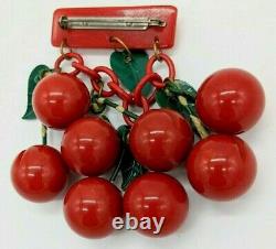 Vintage 1940s Bakelite Cherry Red Carved Cherries Dangle Pin Brooch 3-3/4