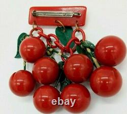 Vintage 1940s Bakelite Cherry Red Carved Cherries Dangle Pin Brooch 3-3/4