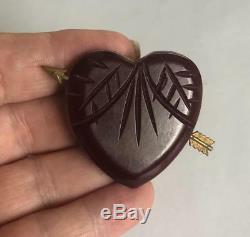 Vintage 1940s Deep Red Carved Bakelite Heart Brooch Pin with Metal Arrow Art Deco