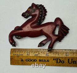 Vintage 1940s Hand-Carved Bakelite Horse Brooch Single Pin Maroon Dark Red