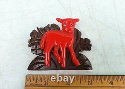 Vintage 1940s Red Bakelite / Wood Figural Lamb pin brooch