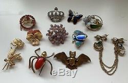 Vintage 1940s pin brooch lot red bakelite spider, pansy, chatelaine, bat as is